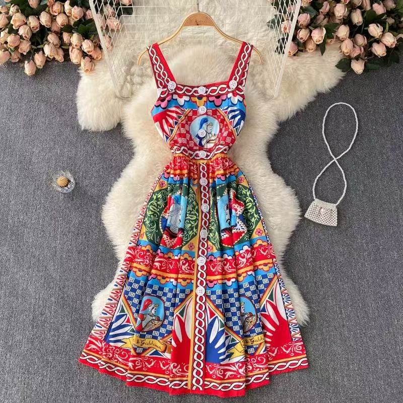 Women's Casual Pattern Patchwork Square Neck Sleeveless Long Dresses