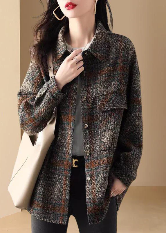 Elegant Pan Collar Plaid Button Jacket Long Sleeve