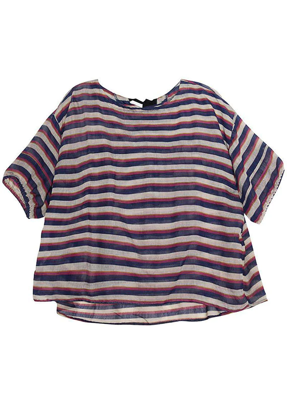 Colorblocked Striped O-Neck Asymmetric Design Printed Shirt Top