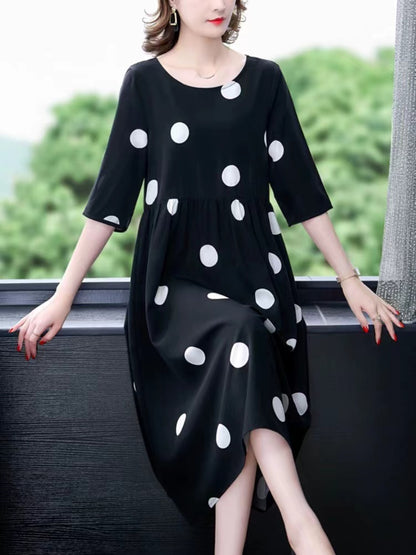 Round Neck Polka Dot Color Clash Short Sleeve Dress