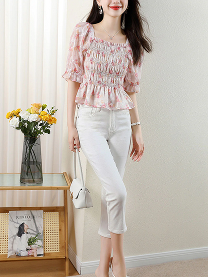 Elegant Square Neck Floral Print Short Sleeve Blouse Top