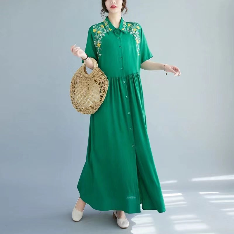 Elegant Lapel Embroidered Crushed Pleat Short Sleeve Shirt Dress