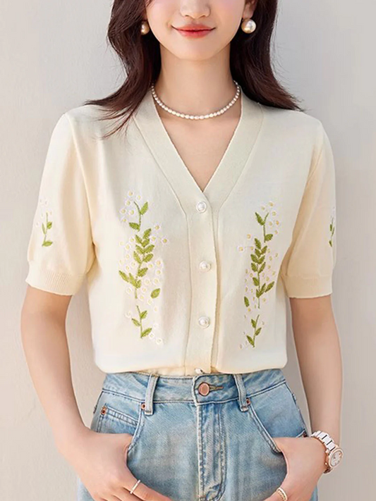 Elegant V-neck embroidered floral knit short sleeve cardigan