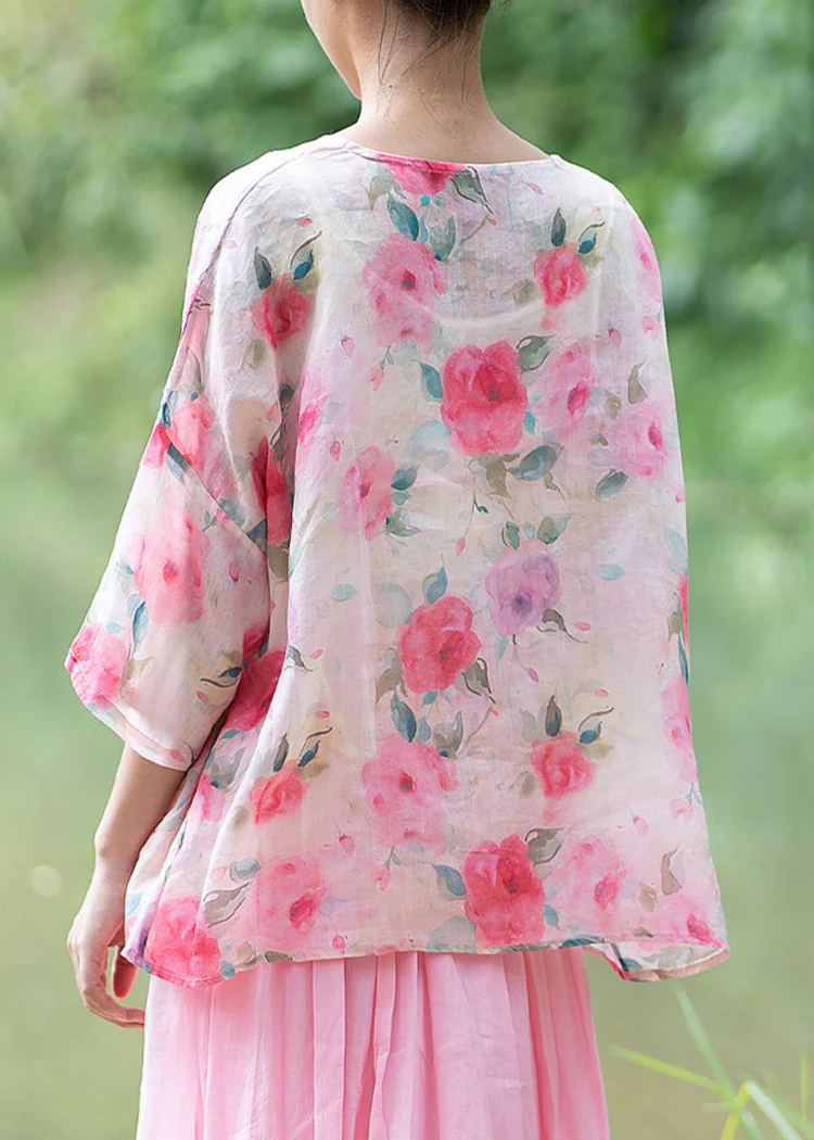 Elegant O-neck Printed Chinese Buttoned Linen Shirt