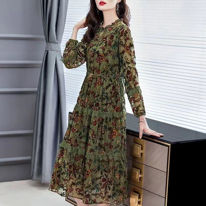 Elegant ruffled patchwork velvet mid-length dress