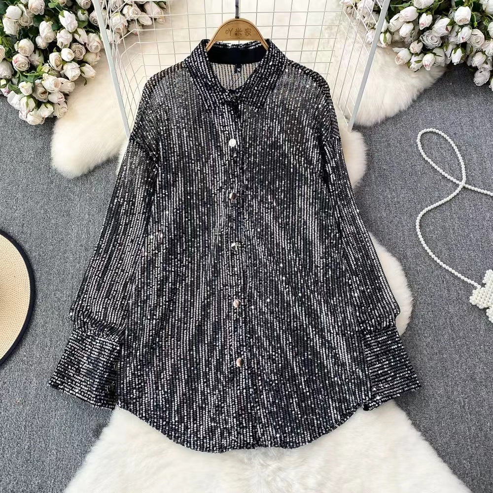 Fashion Glitter Sequins Lapel Cardigan Long Sleeve Shirt Top