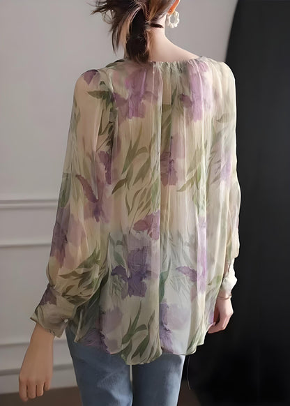 Women's Plus Size Green Printed Tie Chiffon Long Sleeve Shirt