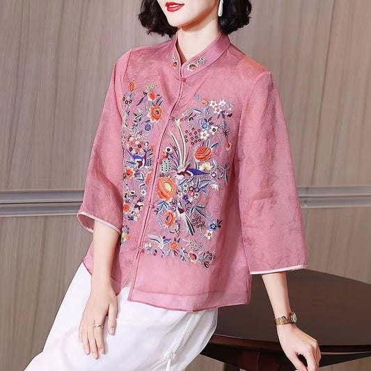 Fashion Floral Standing Collar Color Clash Cardigan Shirt Top