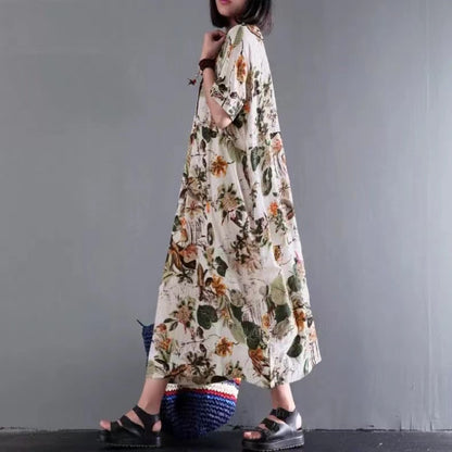 Loose Round Neck Printed Linen Dress