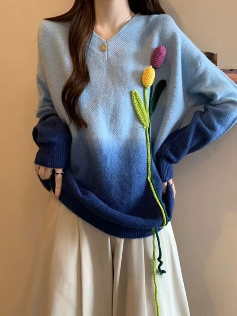 Art Gradient V-Neck Flower Knit Long Sleeve Sweater