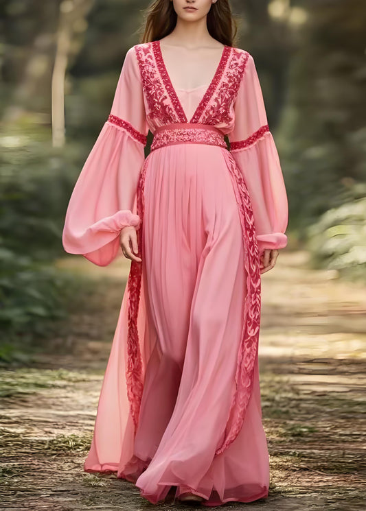 Women's Original Design Pink V-Neck Patchwork Lantern Sleeve Long Dress