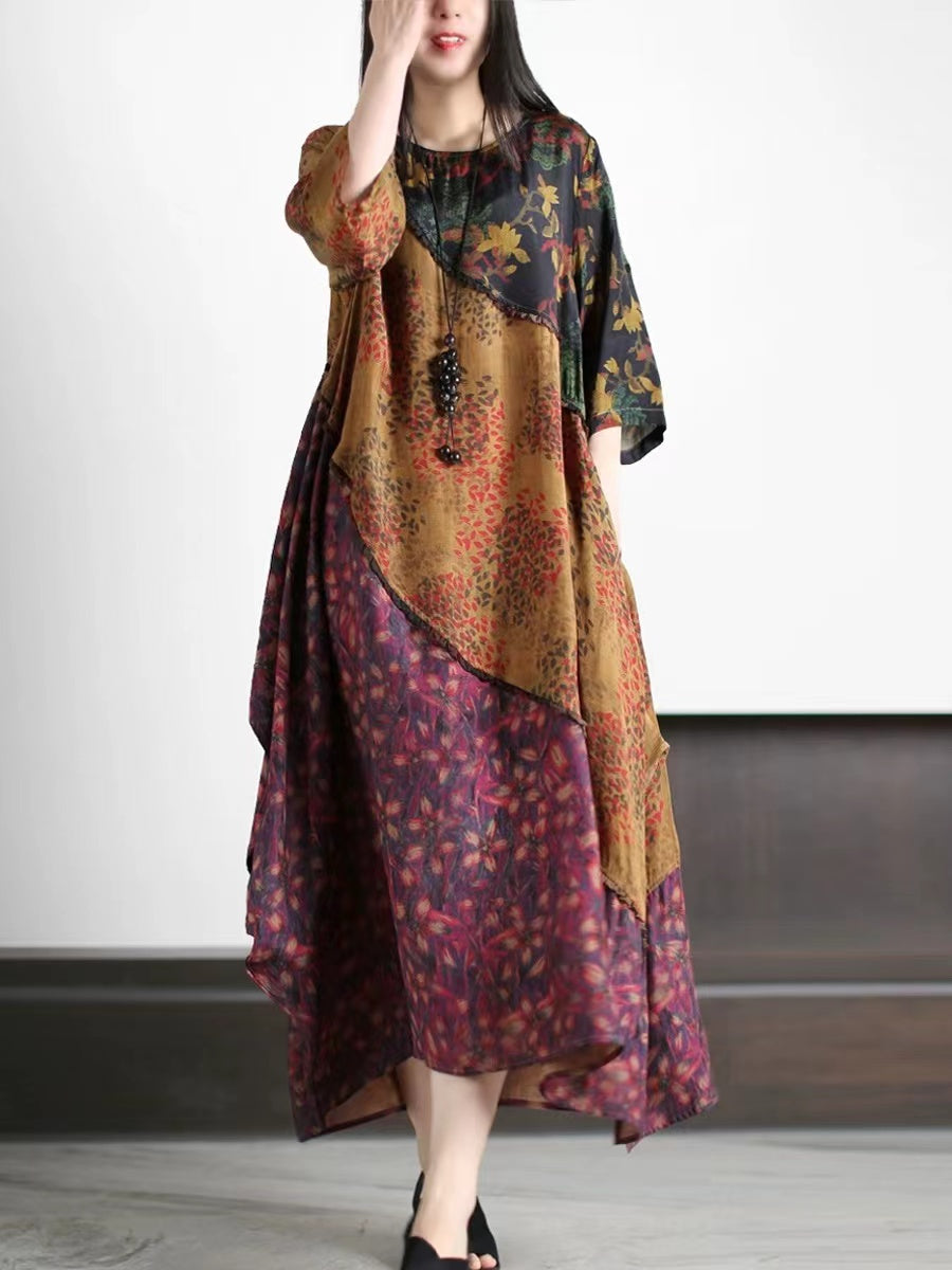 Loose round neck patchwork printed silk dress