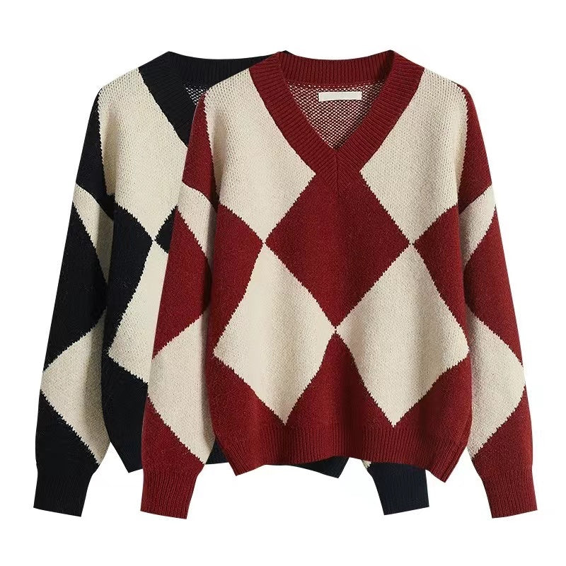 Loose V-neck Red Geometric Sweater