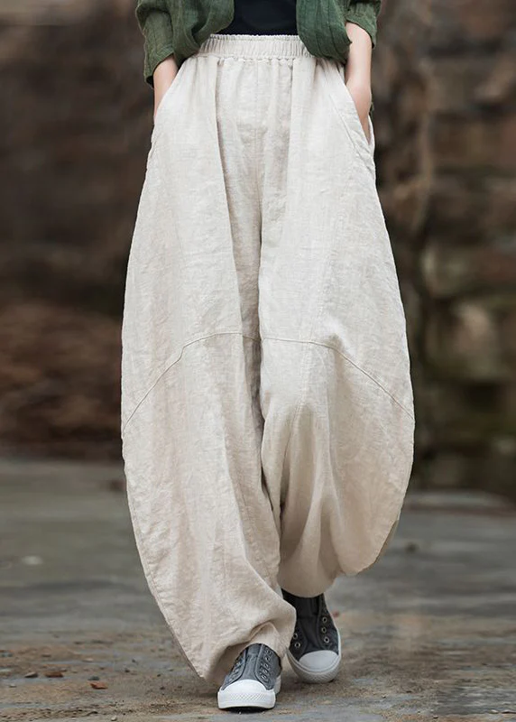 Quilted linen pants with loose pockets and elasticized waist