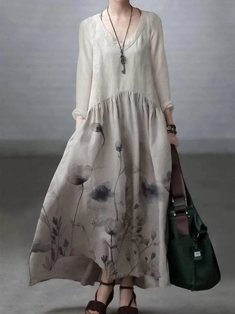 Loose V-neck cotton dress