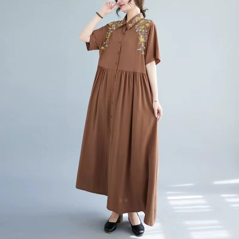 Elegant Lapel Embroidered Crushed Pleat Short Sleeve Shirt Dress