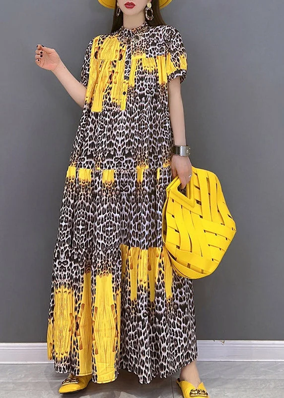 French Yellow Printed Short Sleeve Long Dress