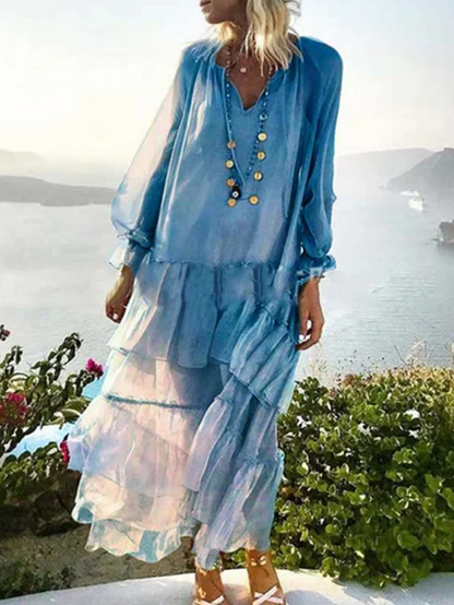 Elegant V-Neck Patchwork Ruffle Long Sleeve Dress