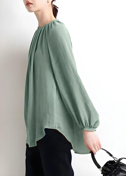 Women's Plus Size Green O Neck Ruched Shirt Top Spring