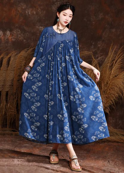 Elegant Patchwork Printed Wrinkled Denim Long Skirt