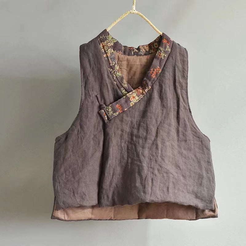 Loose Replica Linen Patchwork Printed Button Thickened Vest Top