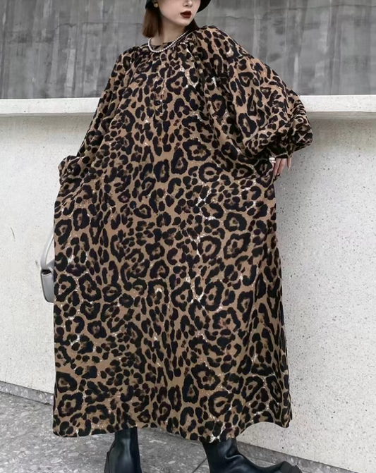 Loose Sexy Neck Leopard Print Light Long Sleeve Dress