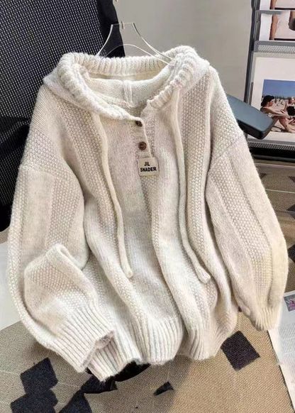 Button Tie Knit Top Hooded Long Sleeve Sweater