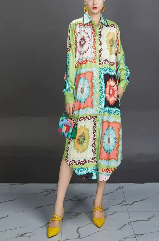 Women's Plus Size Lapel Printed Cardigan Long Sleeve Dresses