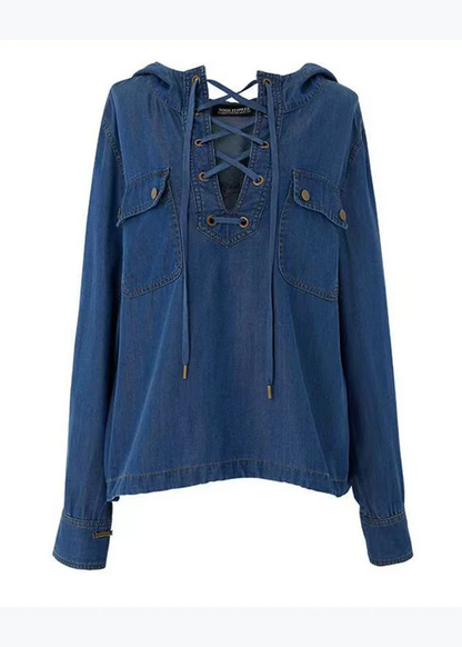 Women's Hooded Lace-Up Denim Shirt Top Long Sleeve Spring