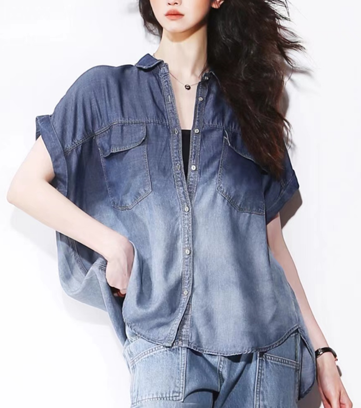 Fashion Gradient Breathable Tencel Pocket Cardigan Short Sleeve Shirt Denim