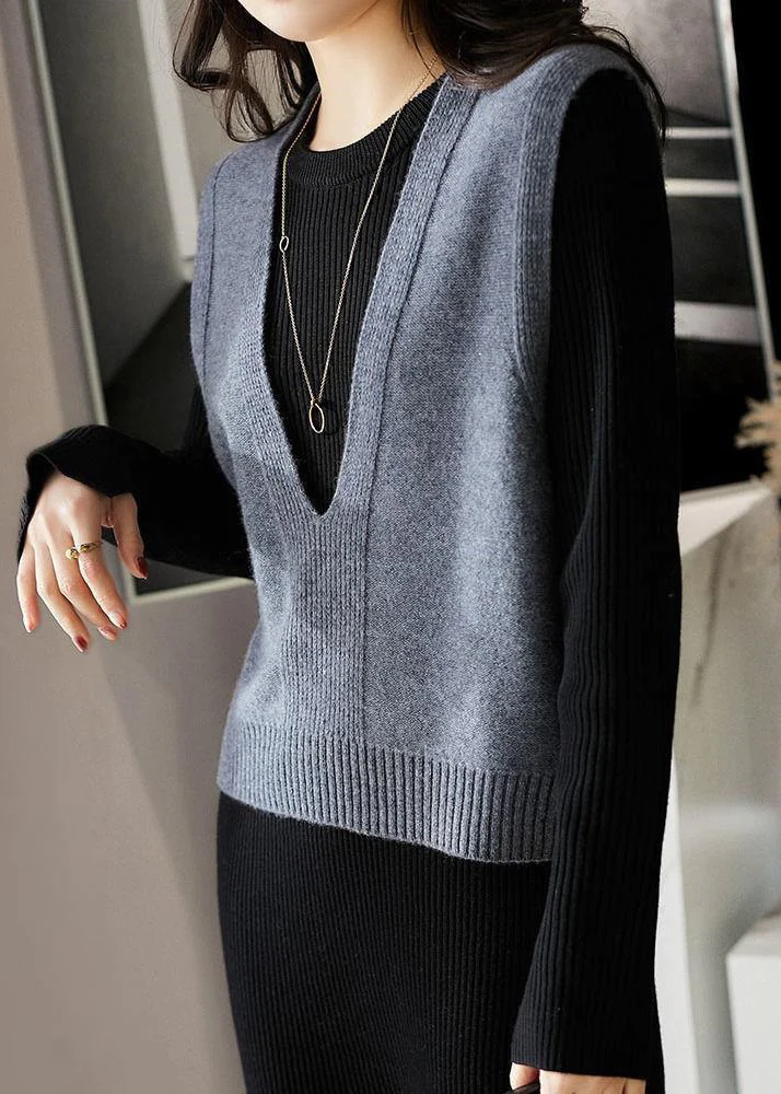 Simple V-neck patchwork knit vest sleeveless