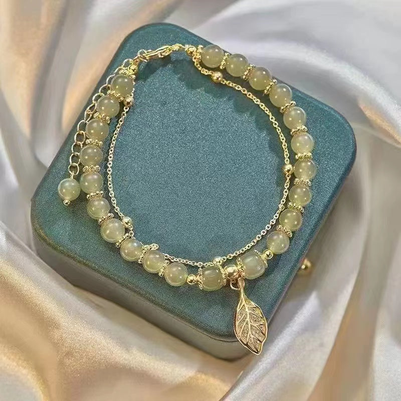 Jadeite Leaf Charm Bracelet in 18K Gold