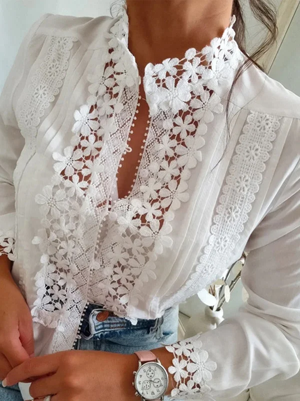 Women's Fashion White Button Embroidery Long Sleeve Shirt Top