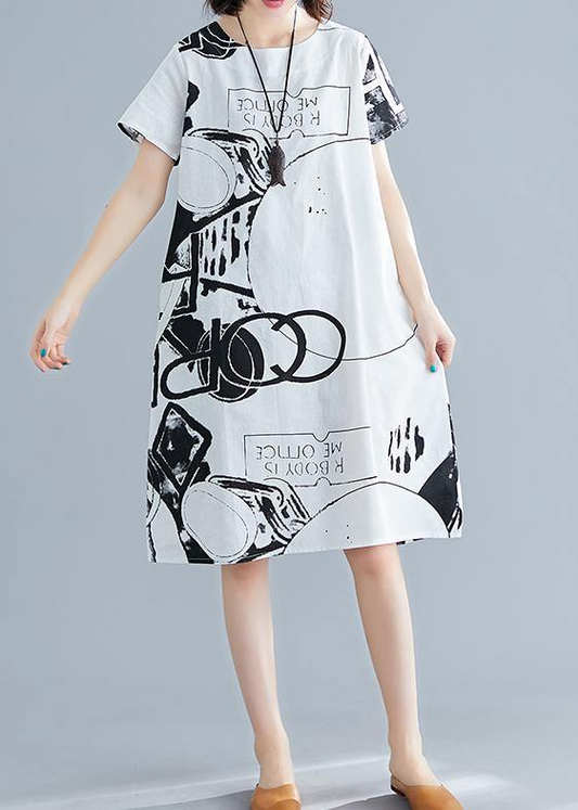 Elegant Printed Linen Short Sleeve Straight Dress