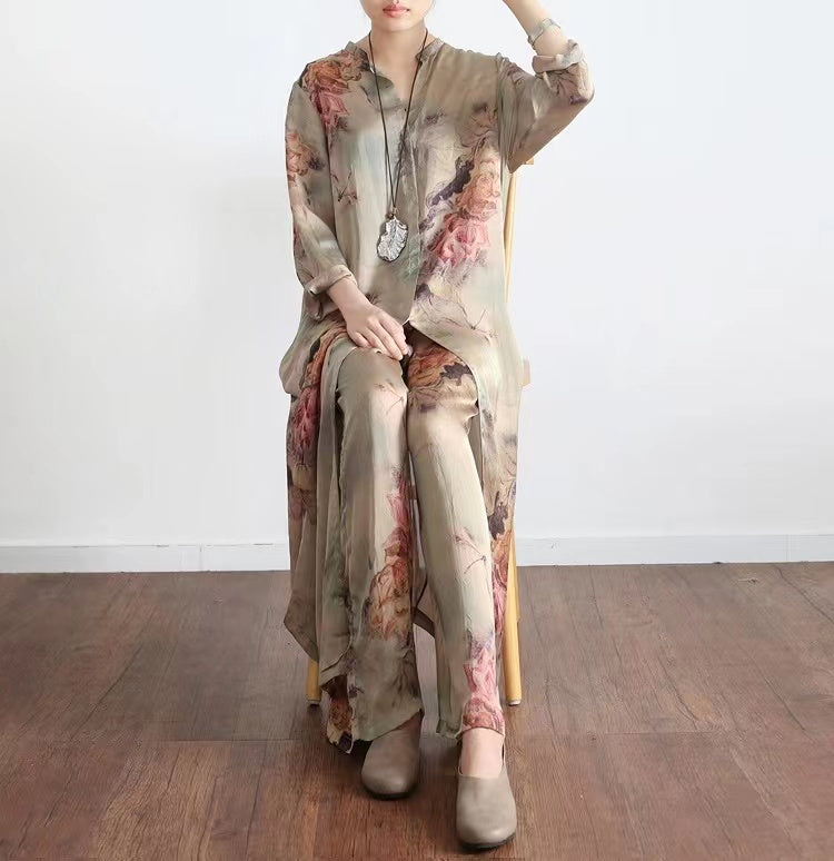 Loose Retro Printed Silk Cardigan Flutter Top + Wide Leg Pants Two Pieces