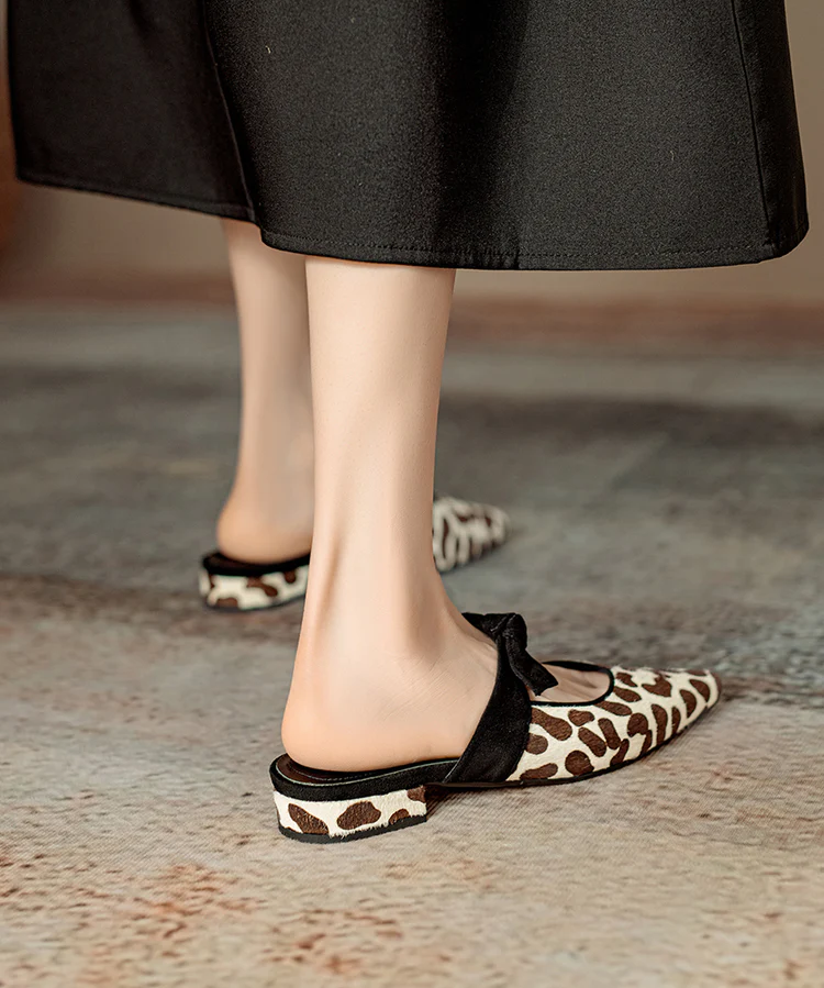 Fashion Hair Bow Leopard Print Flat Sandals Pointed Toe