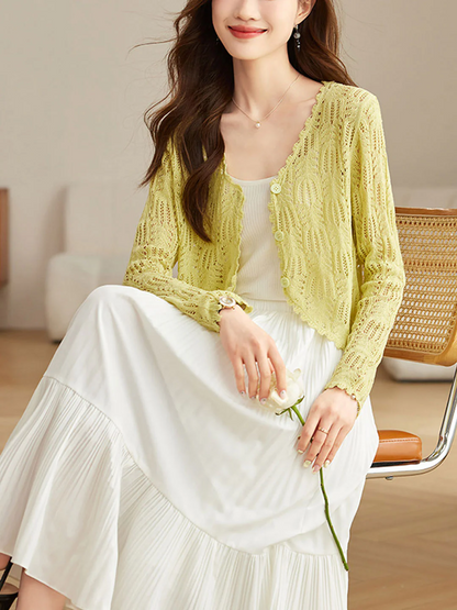 French V-Neck Hollow Out Ice Silk Knit Cardigan Top