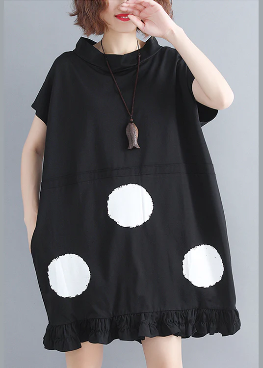 Black Stand Collar Ruffle Trim Dot Print Dress