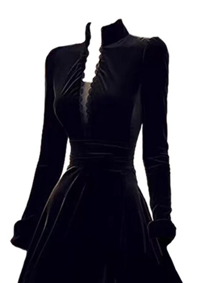 French Stand Collar Patchwork Slim Velvet Long Sleeve Dress