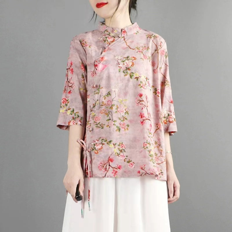 Chinese Standing Collar Printed Tie Linen Short Sleeve Shirt Top