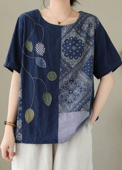 Casual Embroidered Printed Patchwork Cotton T-Shirt Top