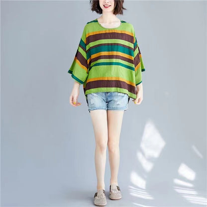 Casual Printed Clashing Stripe Cotton Linen Round Neck T Shirt Top