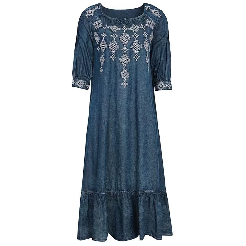 Art Blue O Neck Embroidered Denim Short Sleeve Dress