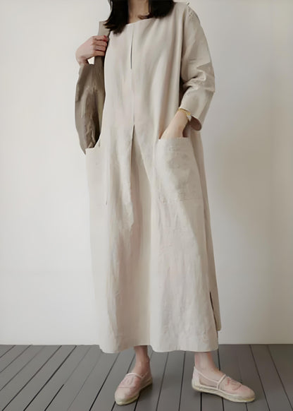 Women's Beige Linen Robe Pocket Dress Spring Summer