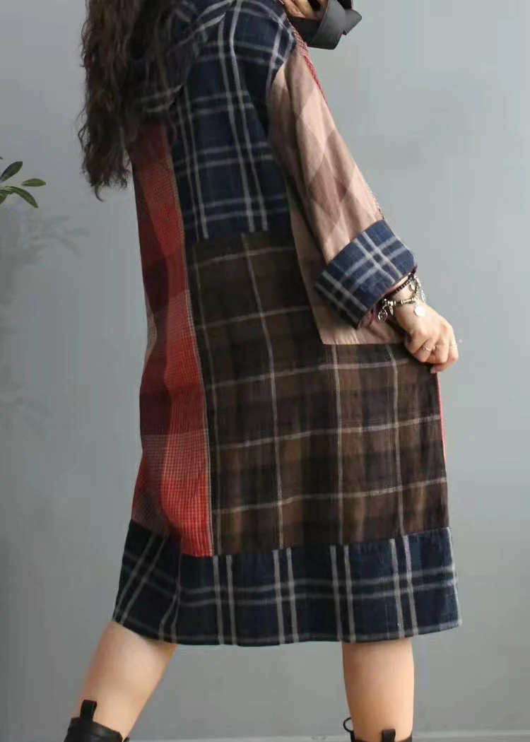 Colorblocked Plaid Asymmetric Design Cotton Resort Dress