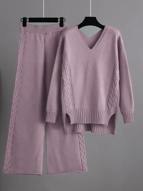 Women's Plus Size Long Sleeve V-Neck Sweater Top and Wide Leg Pants Two Piece Set