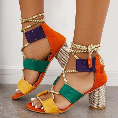 Hollow Colorful Chunky Heel Lace-Up Sandals