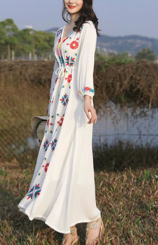 French V-Neck Embroidered Strappy Hem Long Sleeve Dress