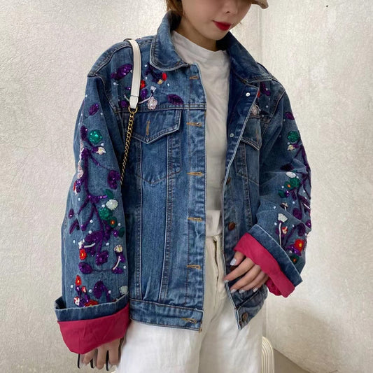 Loose Embroidered Floral Beaded Color Block Denim Jacket