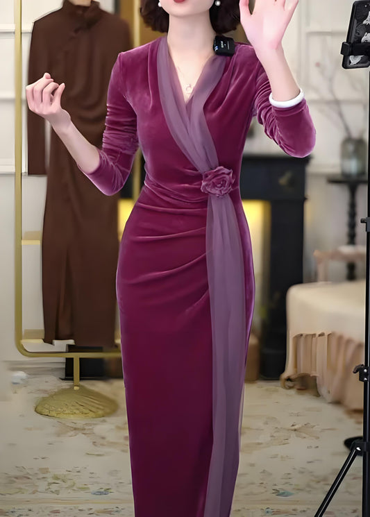 Women's Purple V-Neck Velvet Long Dress